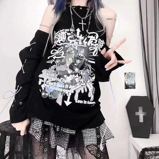 Black Tie Top with Cross Necklace Punk Y2K T-Shirt