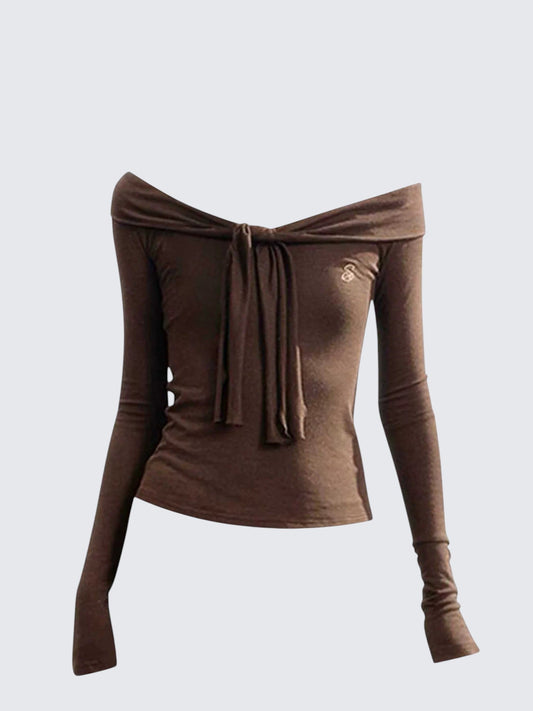 Korean Tie Off Shoulder Brown Tee