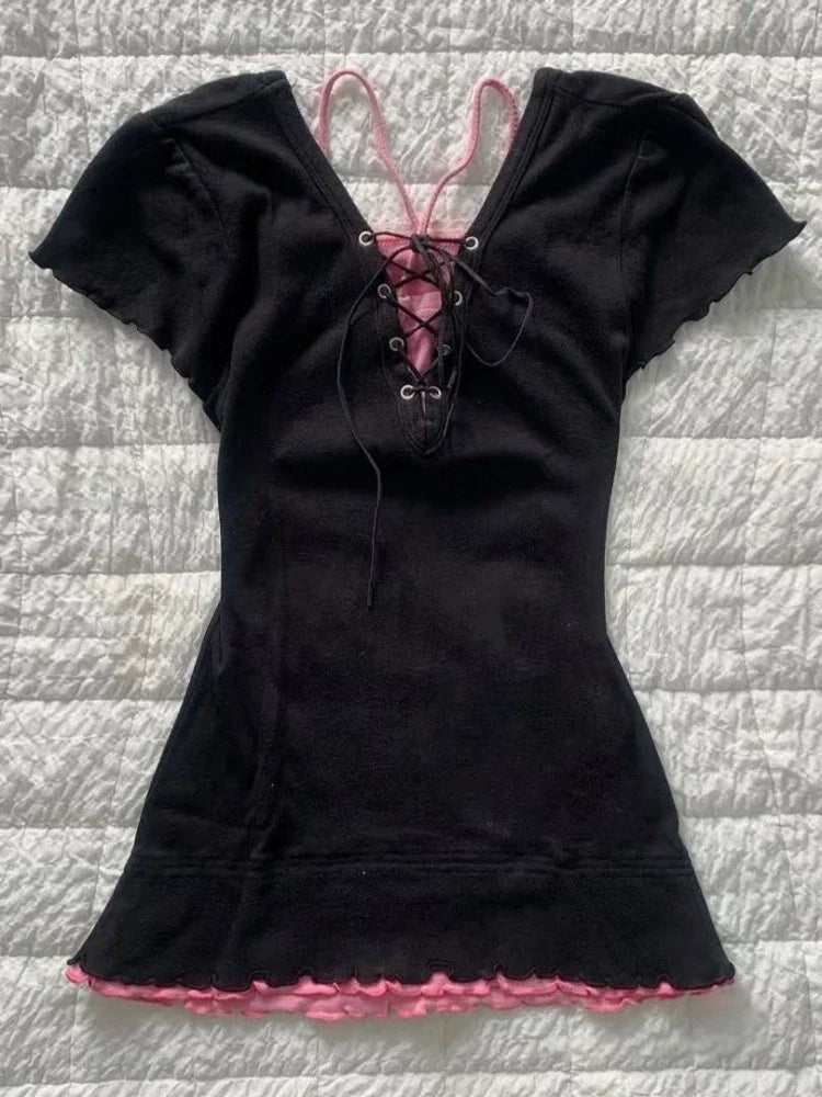 Black Subculture Punk Y2K Abi E-girl American Retro Print Fake Two-Piece Short Sleeve Top