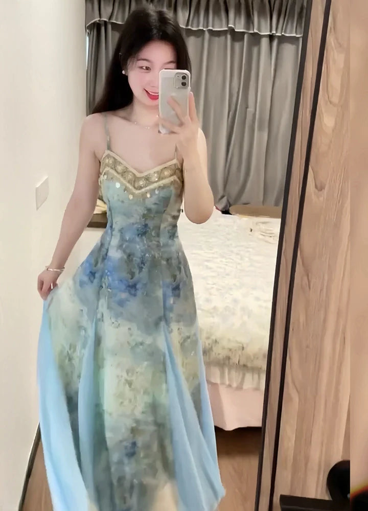 Blue Ombre Print Slip Dress with Lace Trim