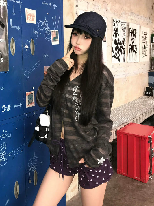 Y2K Light Subculture Striped Cardigan Musical Print Sun-Proof Top