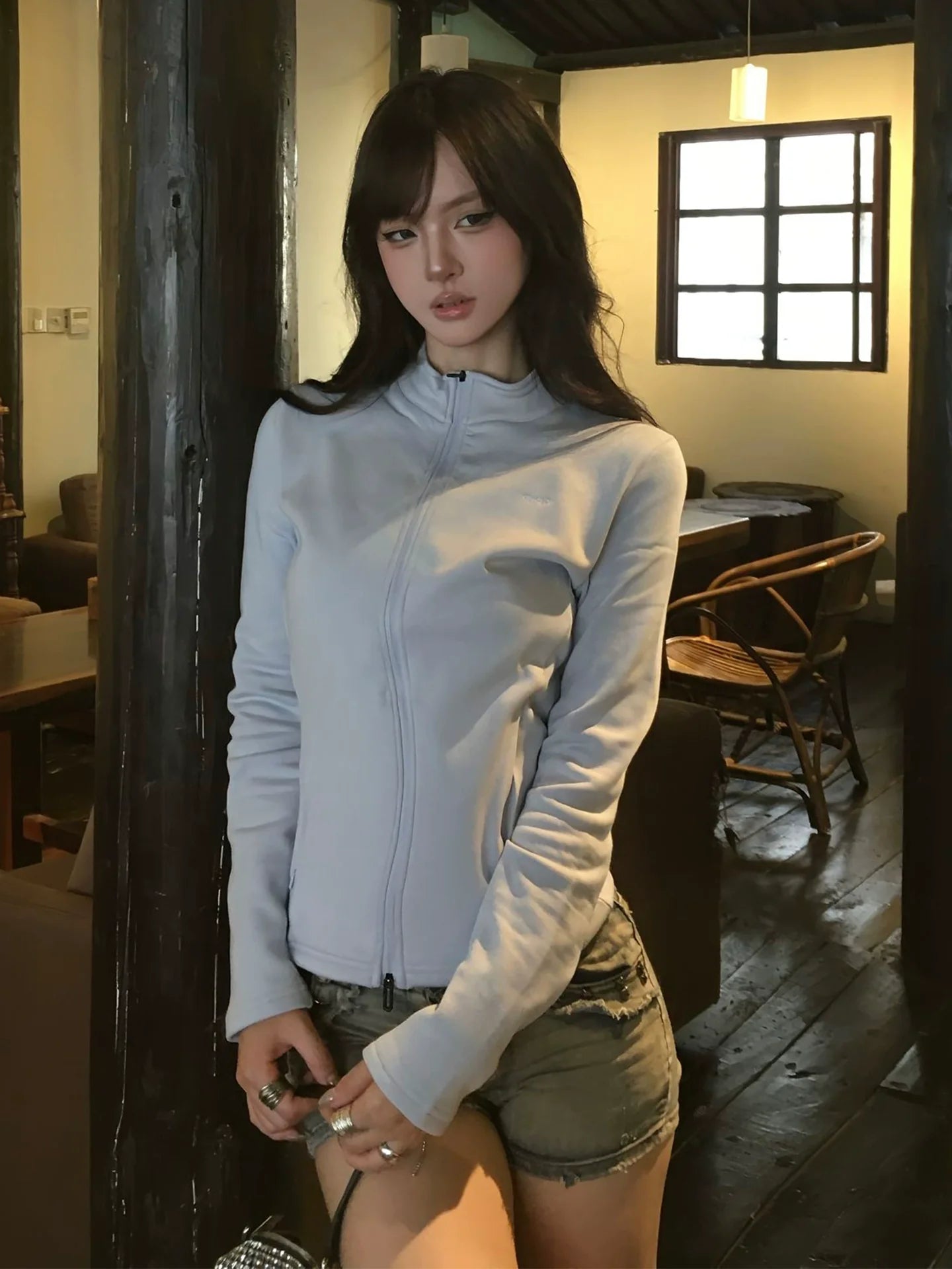 Korean Stand Collar Zip Jacket Retro Sporty Long Sleeve Top