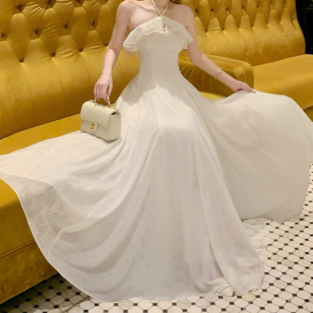 French White Halter Neck Pleated Gown Dress – Ruffled Waist Evening Dress