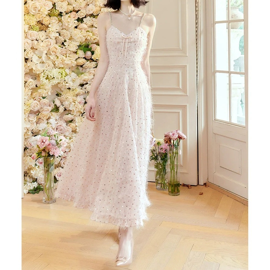 Pink Sequin Fringe Butterfly Gown Dress – French Luxury Party Dress