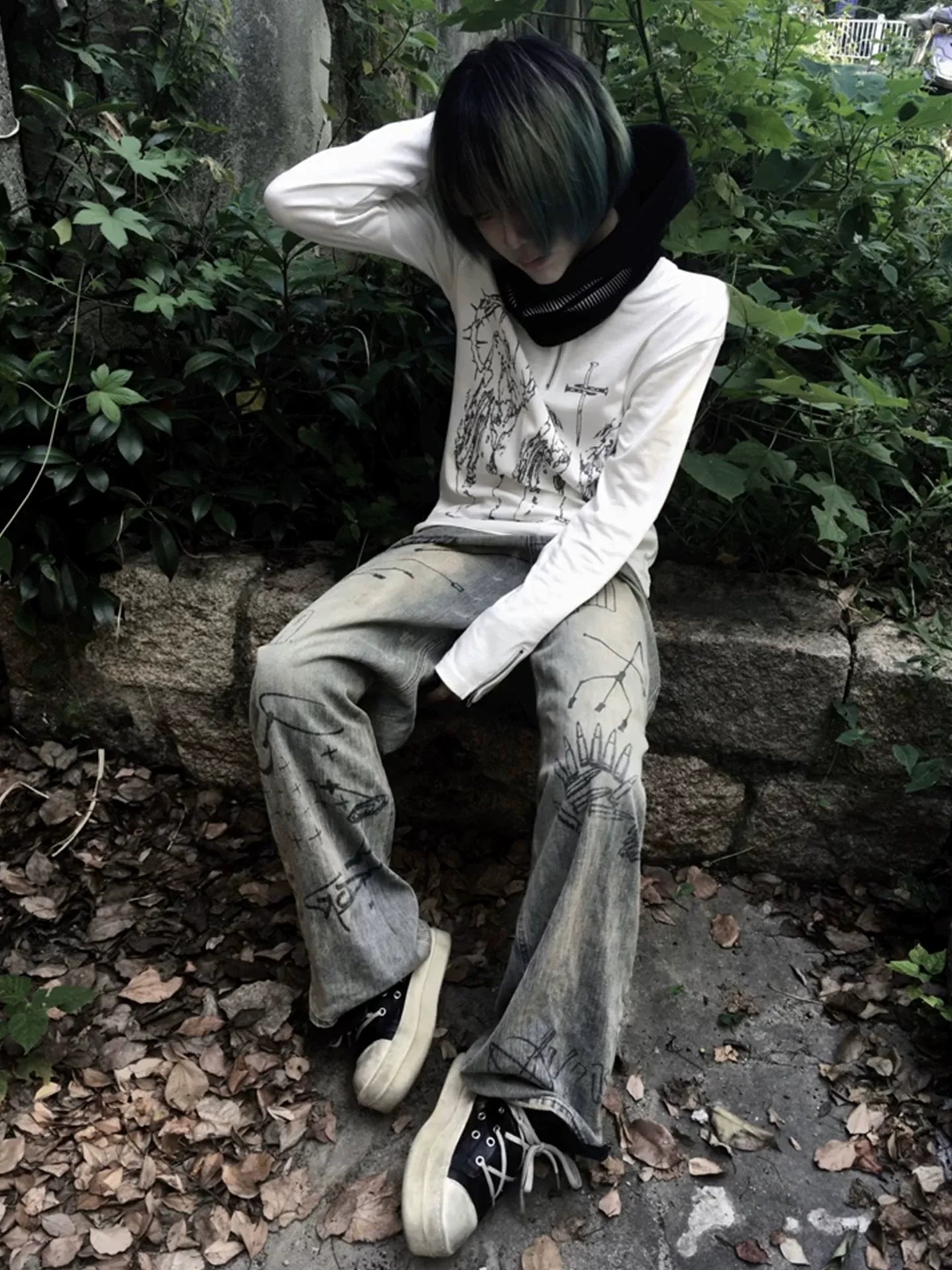 Y2K White Shoulder Heavy Henley Long Sleeve Top