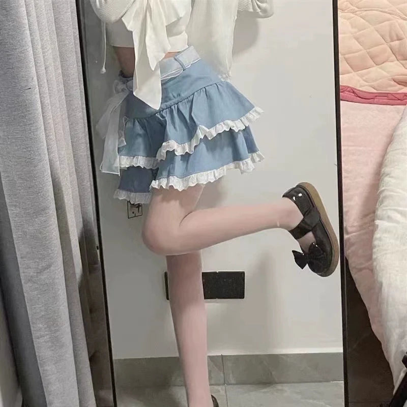 Lace-Trimmed Puff Cake Skirt Subculture Y2K E-girl High-Waisted Short Slimming Fluffy Skirt (Summer)