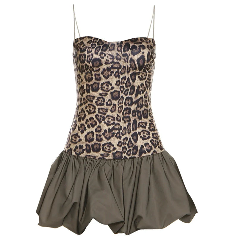Wild Sexy INS Leopard Print Paneled Halter Cinched Waist Puff Mini Dress