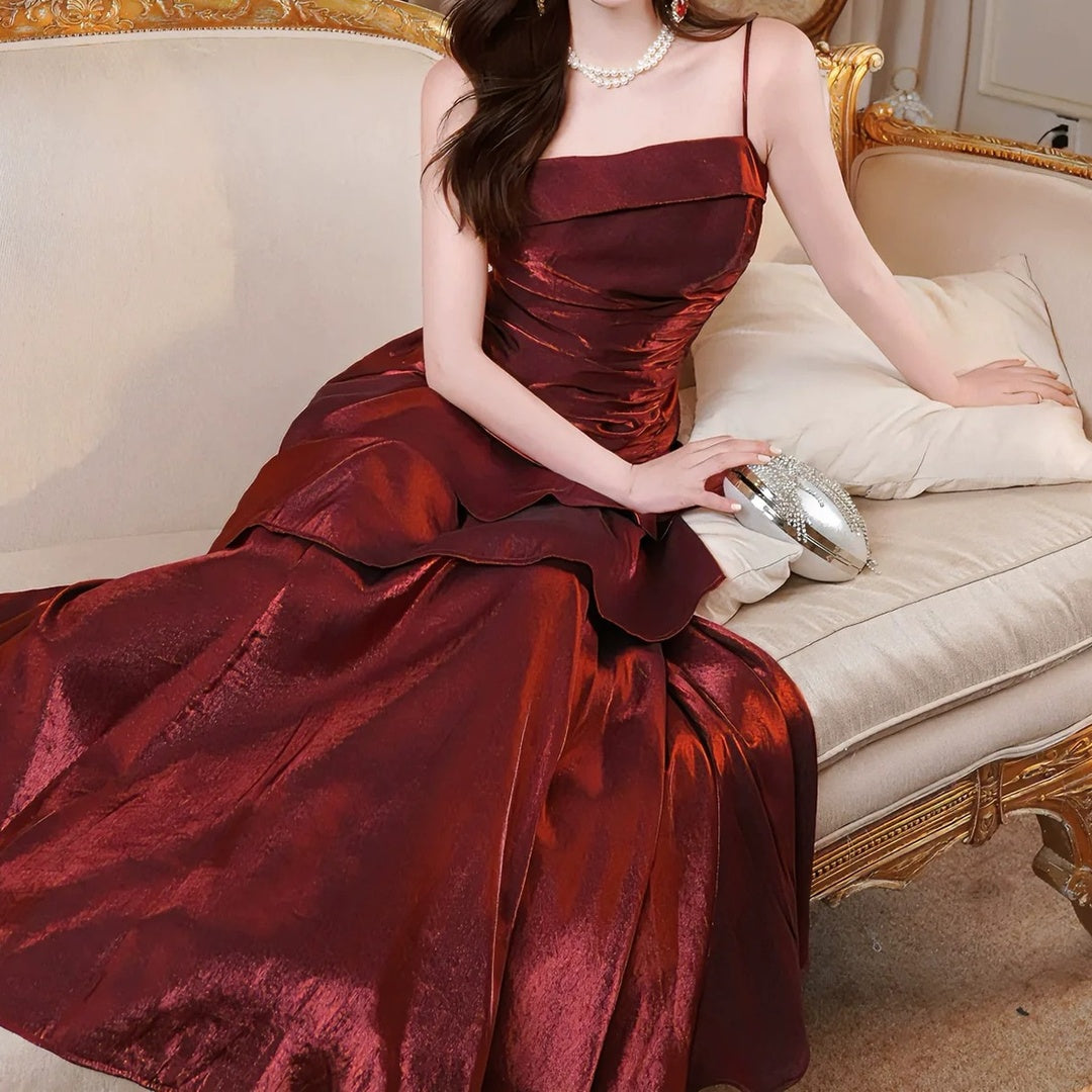 French Red Spaghetti Strap Adult Gown Dress