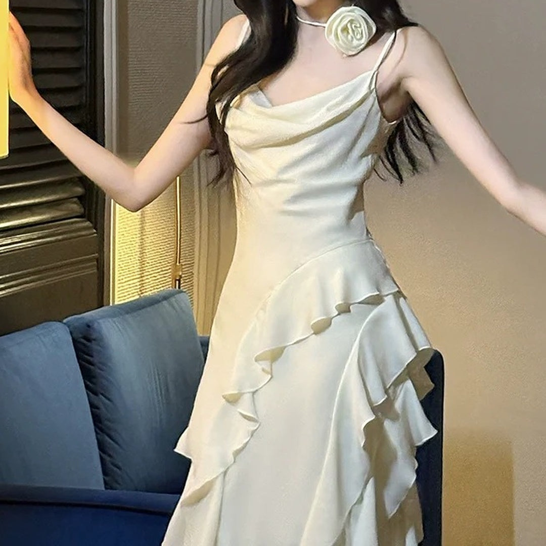 French Asymmetrical Spaghetti Strap Ruffle Gown Dress