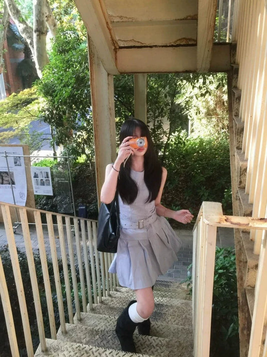 French Blue Sleeveless Tank Dress with Pleated Hem