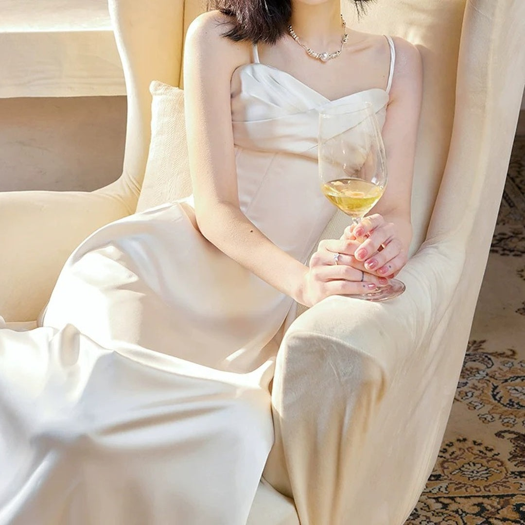 French Luxury Satin Spaghetti Strap Gown Dress – Engagement and Party Dress