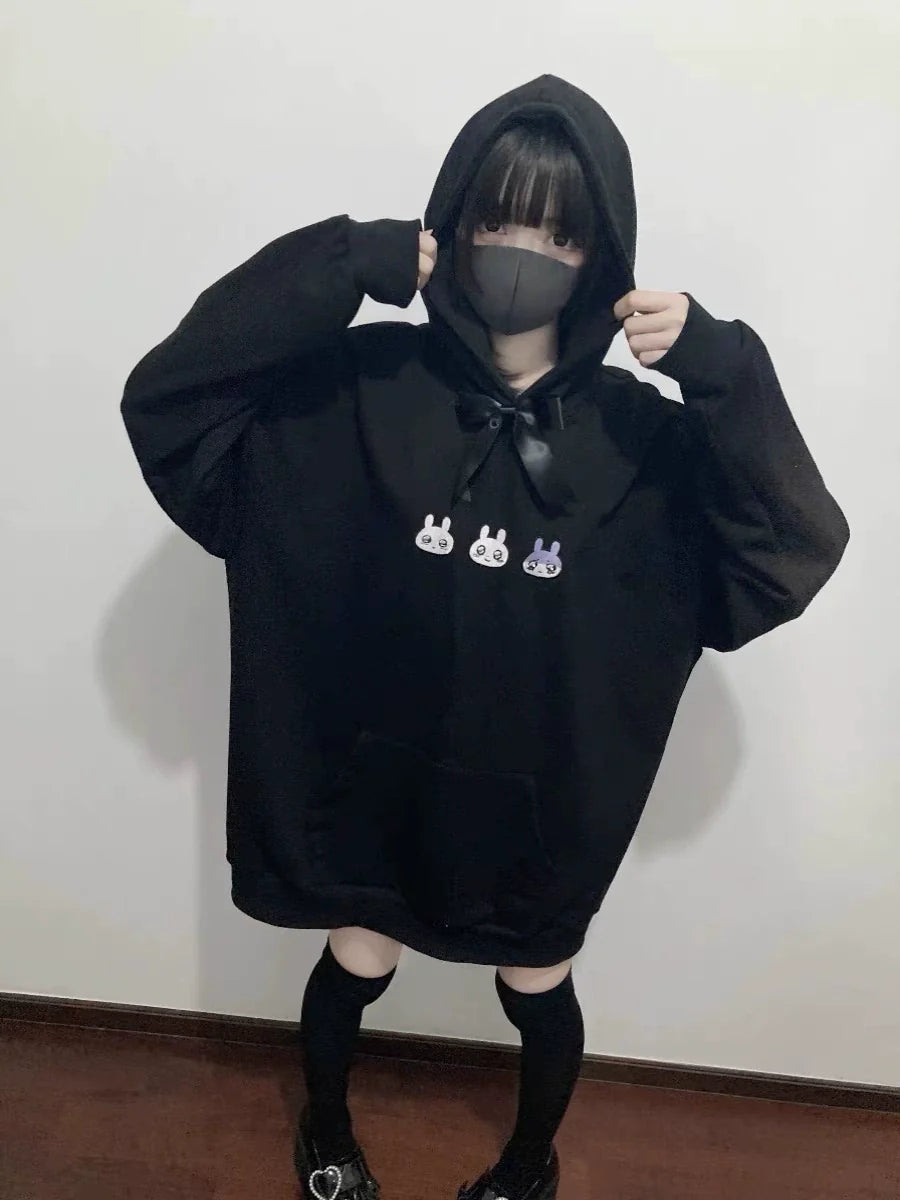 Black Bunny Hooded Sweatshirt Subculture Y2K Japanese Anime Light Subculture Otaku-Style Abi Autumn/Winter Top