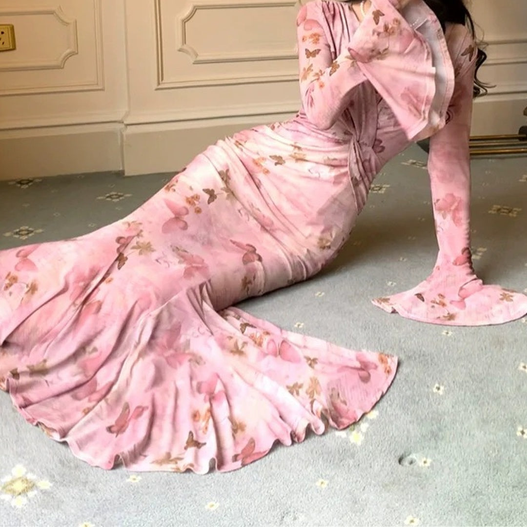 French Pink Luxury Printed Birthday Mermaid Gown Dress