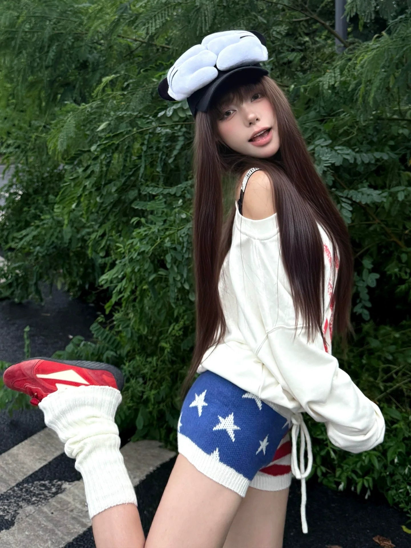 Retro White Asymmetric Shoulder Sweatshirt Flag Print Top