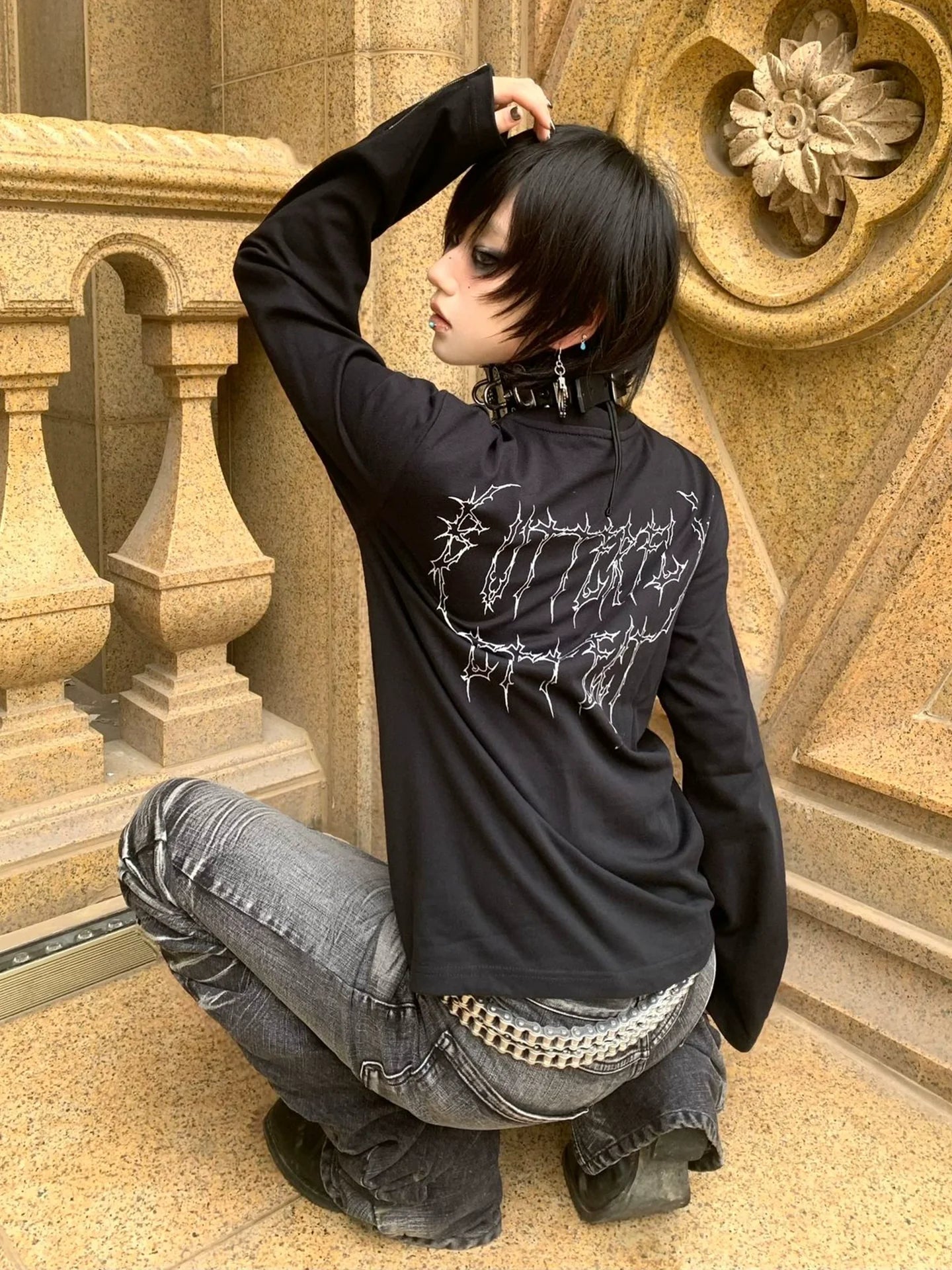 Y2K Black Henley Cross Print Tee