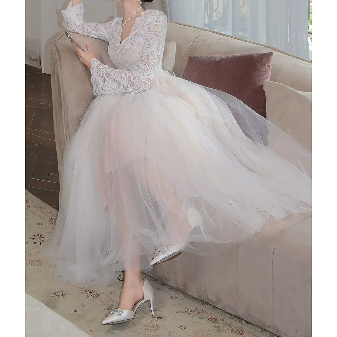 French V Neck Long Sleeve Mesh Gown Dress