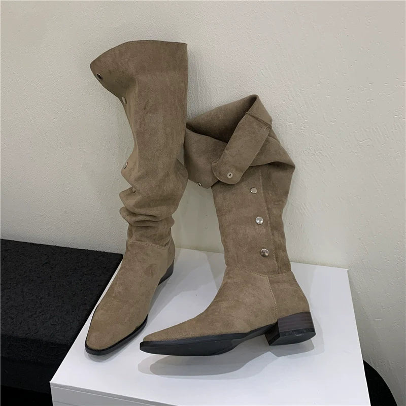 Versatile Fall Winter Foldable Slouchy Suede Chunky Heel Western Cowboy Knee High Women's Boots