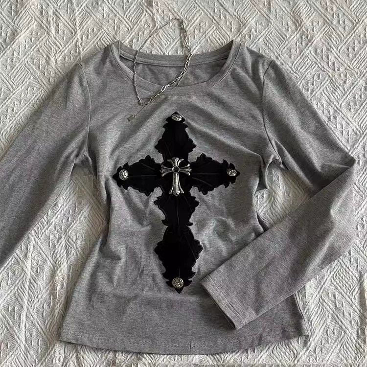 Gray Long-Sleeve Subculture Gothic Rock Punk Y2K E-girl Vintage Print Long Sleeve Top