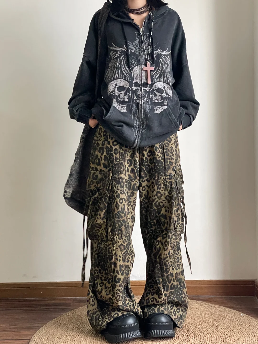 Black Subculture Punk Rock Gothic Y2K E-girl Skull-Print Hooded Niche Jacket