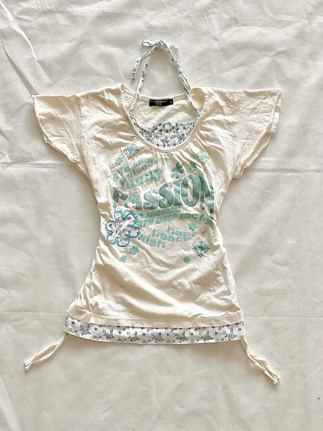 Floral Halter Fake Two-Piece Tie Y2K T-Shirt