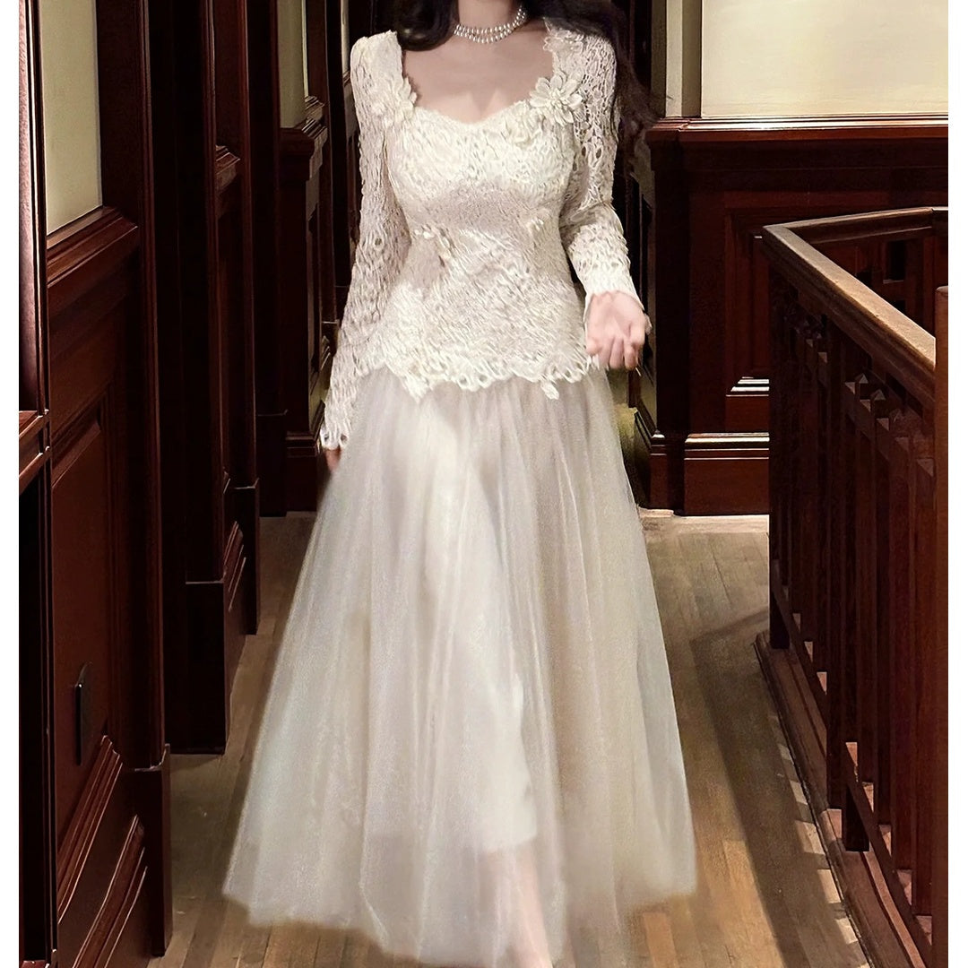 White Floral Lace Long Sleeve Gown Prom Dress