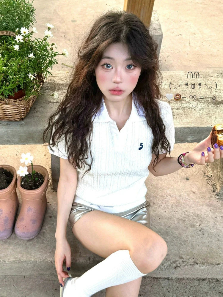 Preppy Embroidered Short Sleeve Polo Top Slim Fit Knit Shirt