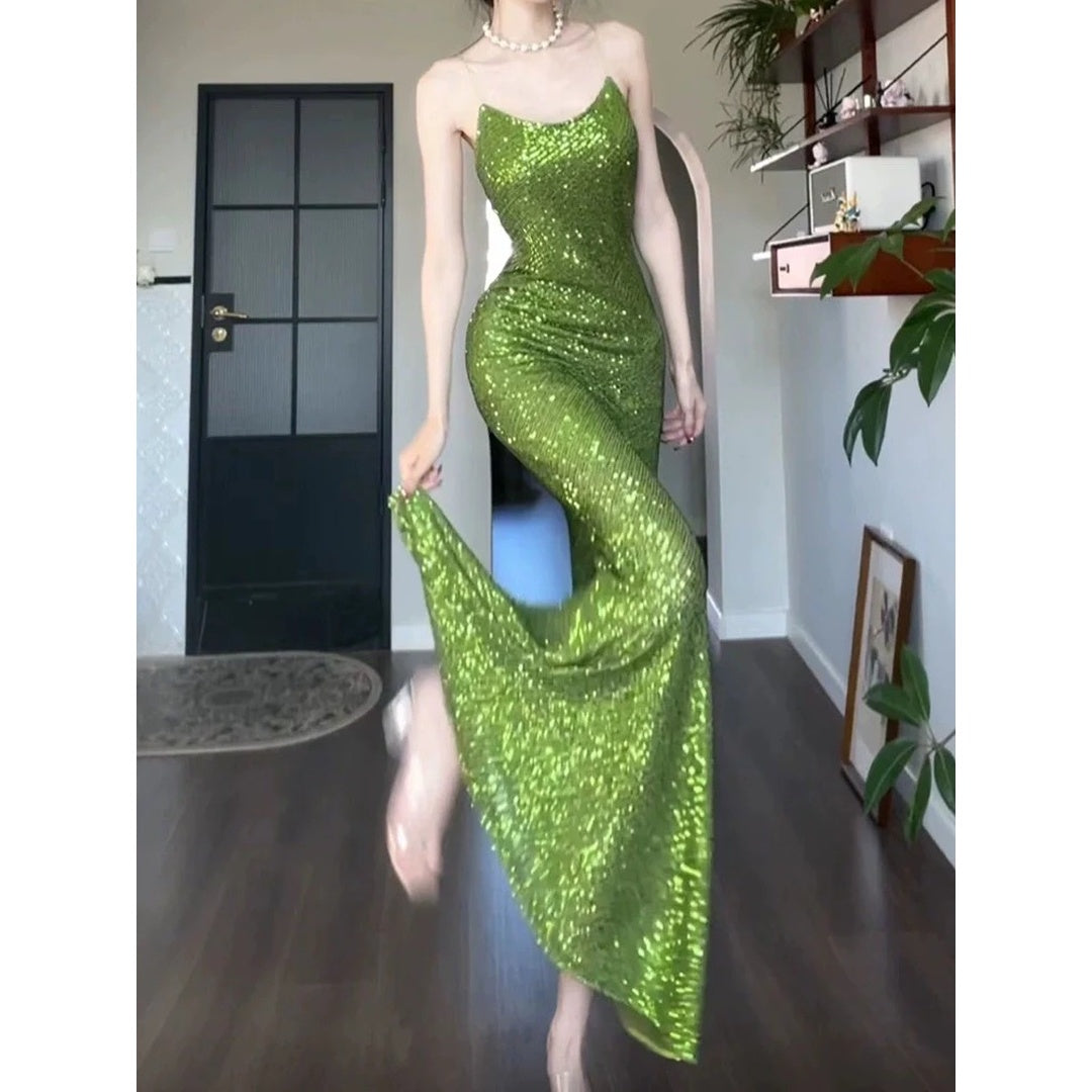 Luxury Sequin Evening Gown Spaghetti Strap Dress