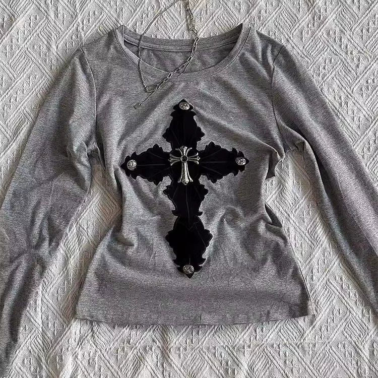 Gray Long-Sleeve Subculture Gothic Rock Punk Y2K E-girl Vintage Print Long Sleeve Top