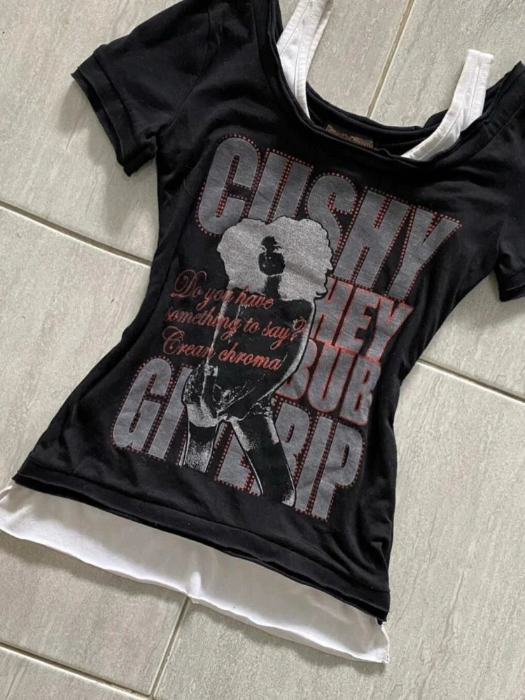 Black Fake Two-Piece Short Sleeve Subculture Rock Punk Y2K Abi American Retro Top