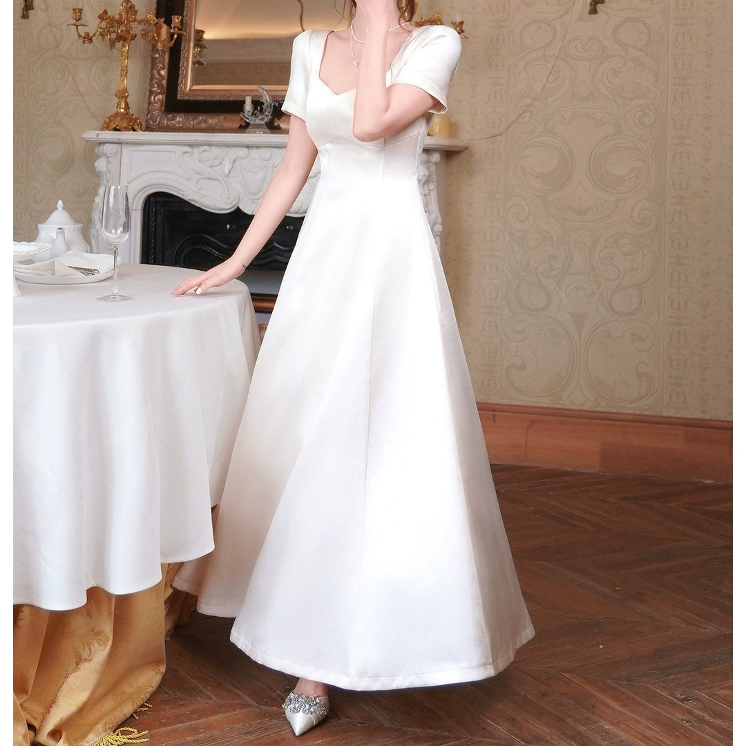 French Satin Waist Short Sleeve Gown Dress