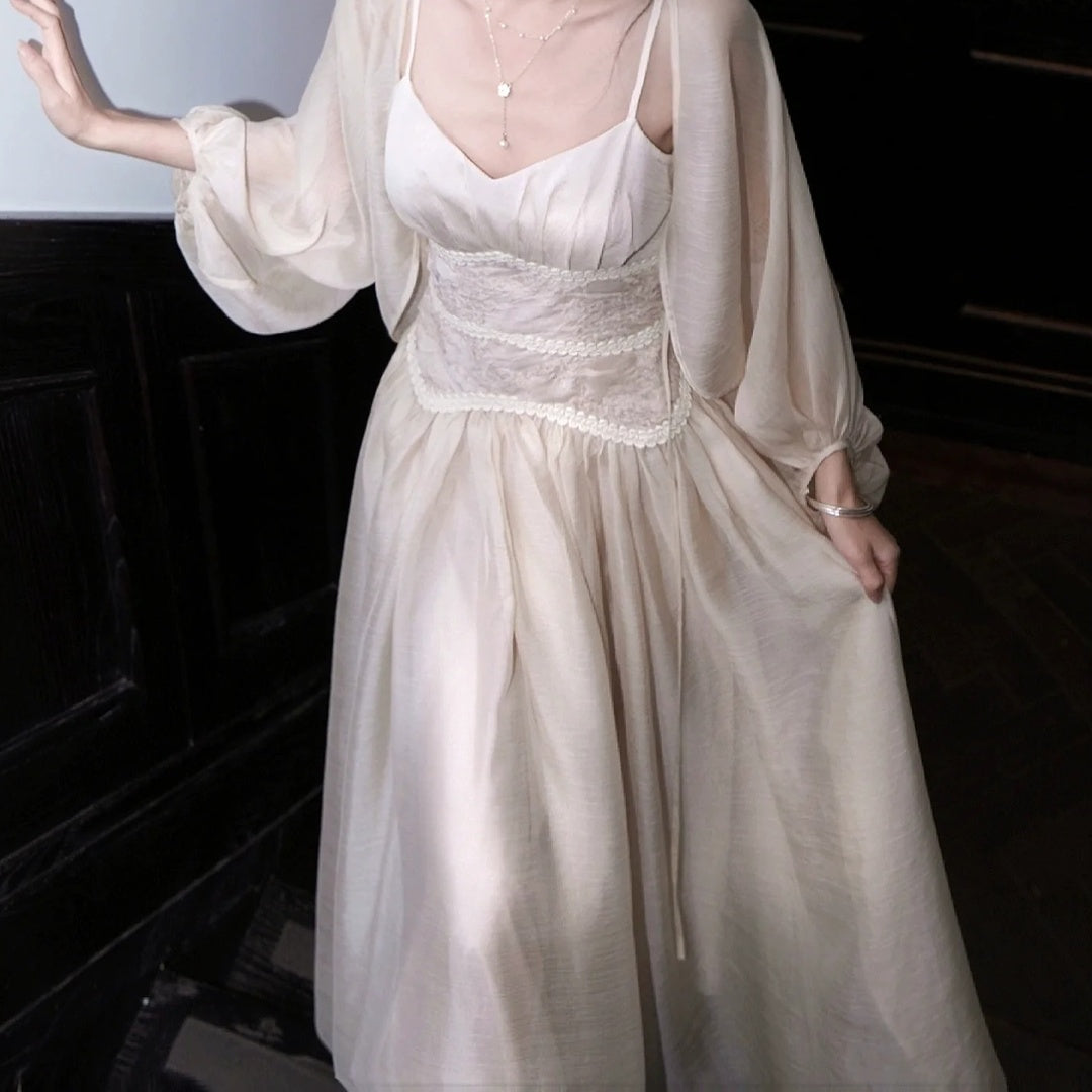 French Waist Spaghetti Strap Loose Chiffon Set Gown Dress