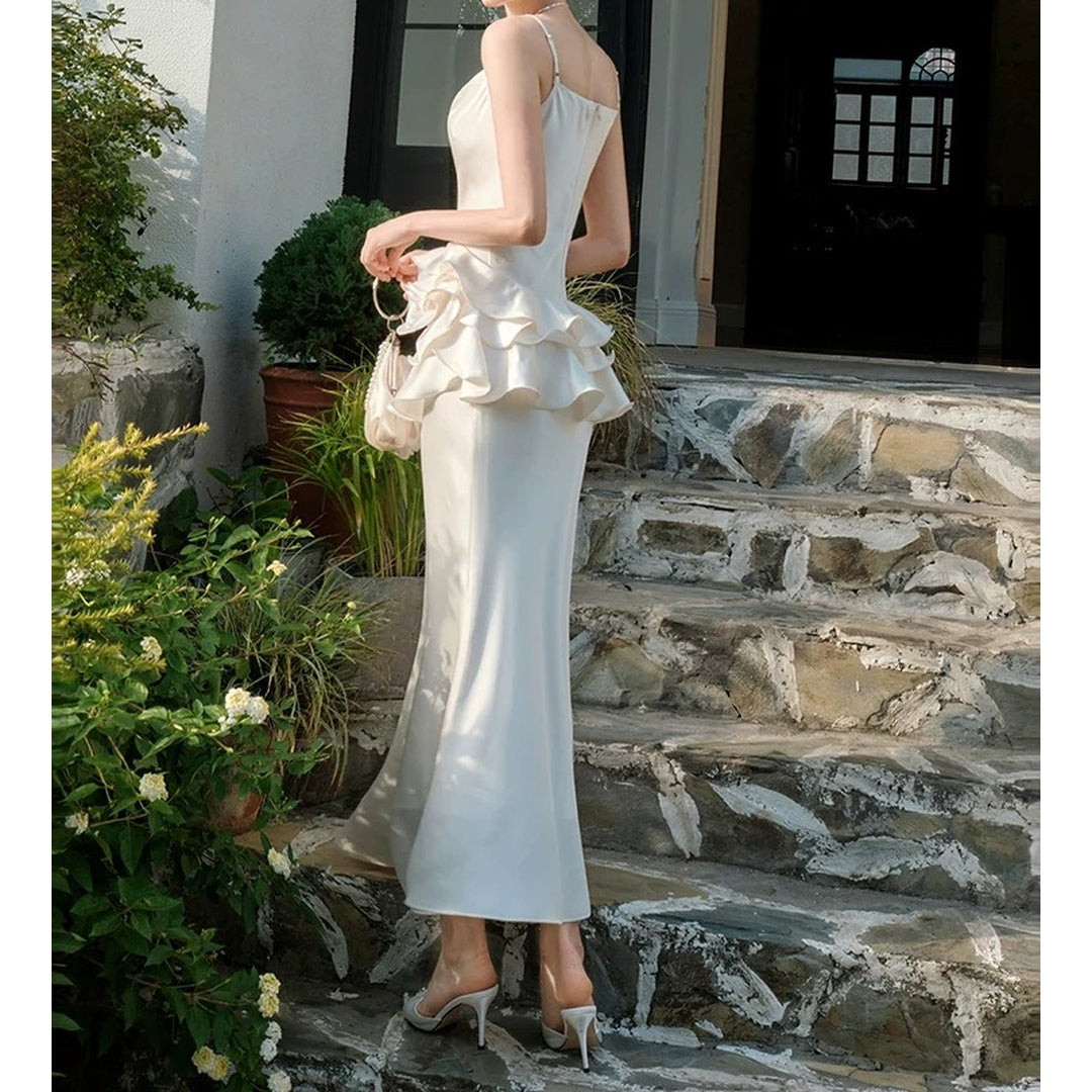 French Floral Satin Spaghetti Gown Dress – High-End Party Dress