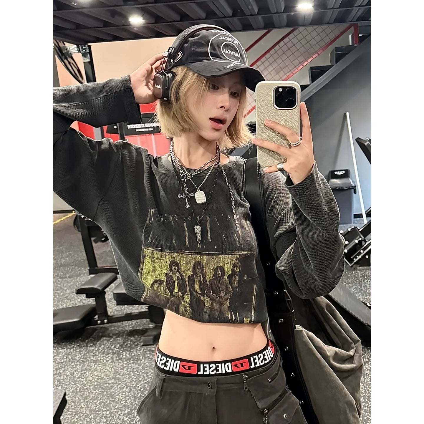 American Vintage Waffle Long Sleeve Tee Heavy Washed Retro Top