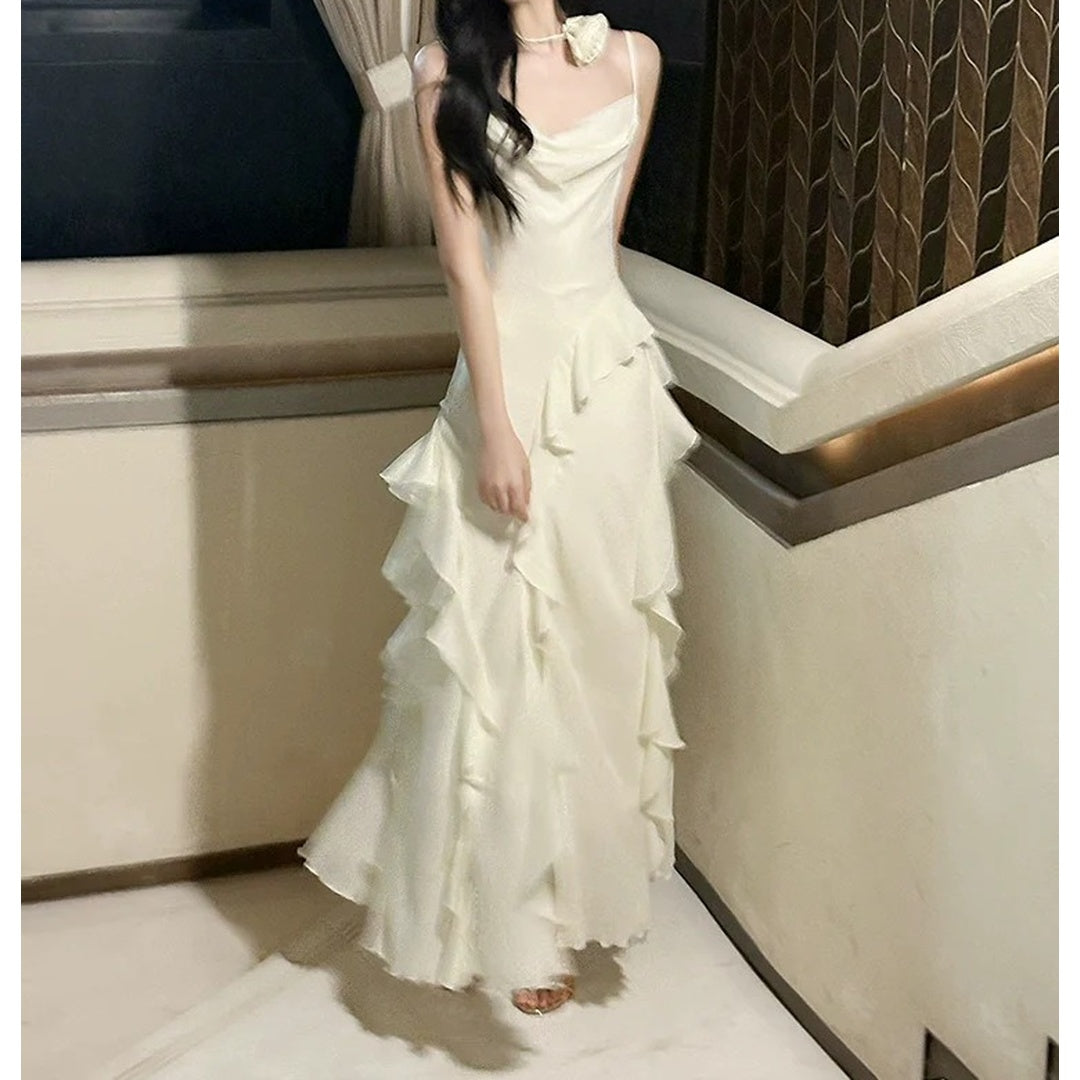 French Asymmetrical Spaghetti Strap Ruffle Gown Dress