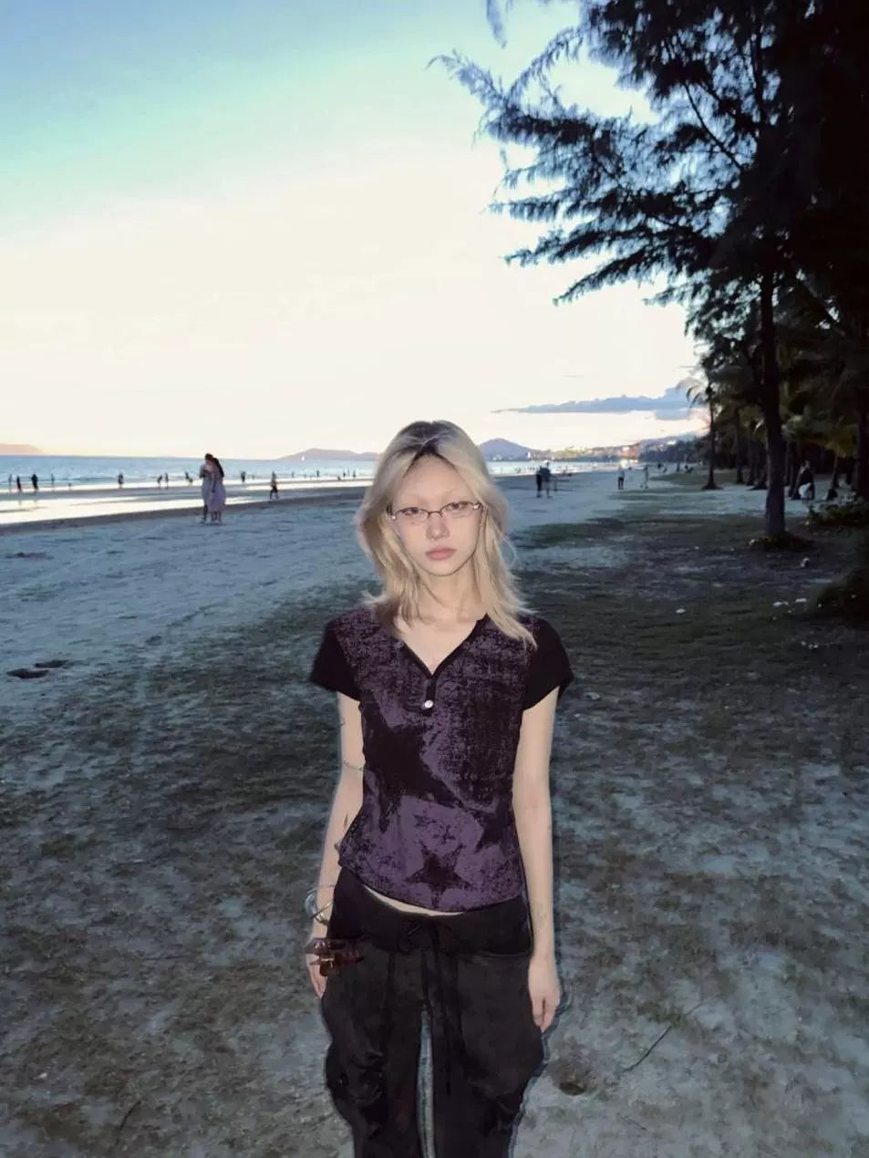 Black & Purple Subculture Punk Y2K E-girl Retro Star Print V-neck Slim-Fit Short Sleeve Top