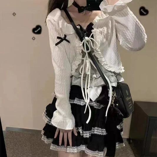 Black [With Free White Bow Subculture Y2K E-girl Sweet & Cool Multi-Layer Lace Cake Skirt High-Waisted Short Fluffy Skirt