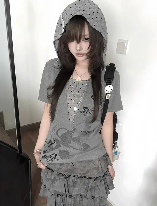 Gray Hooded Y2K T-Shirt