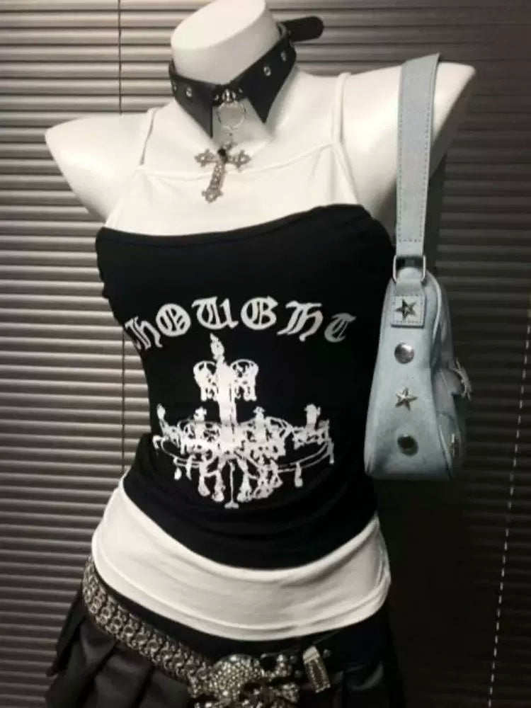 Black & White Color-Block Tank Top Subculture Y2K E-girl Abi American Letter Print Tank Top