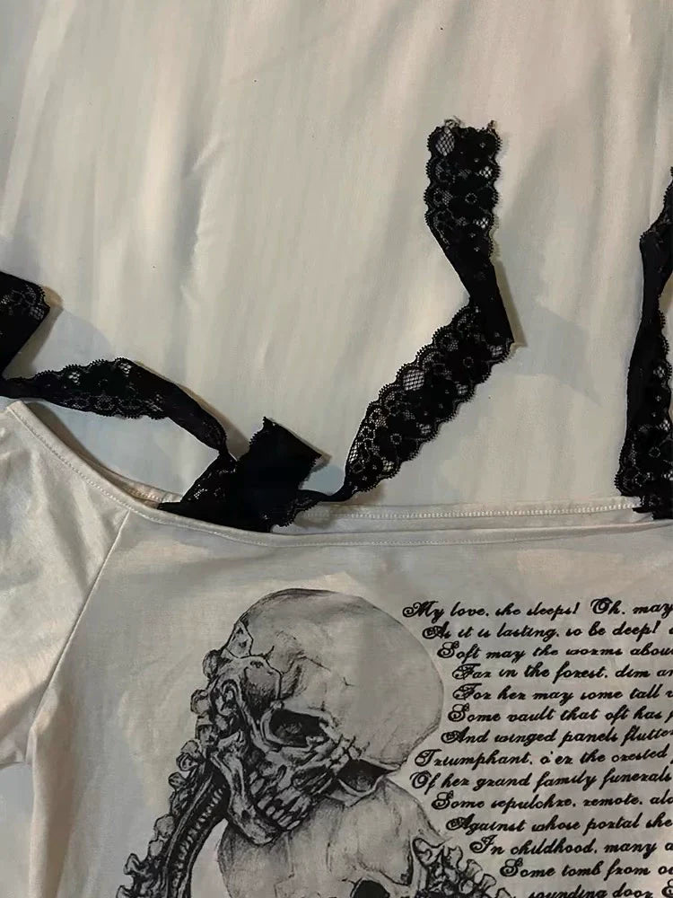 White Punk Y2K E-girl Skull Love Print Off-Shoulder Slim-Fit Short Sleeve Top