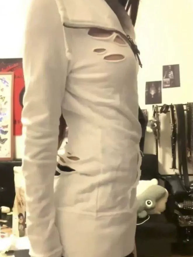 Distressed Zipper Hoodie Subculture Y2K Shibuya Girl Japanese Brand Retro Vintage Visual-Kei Slim Jacket