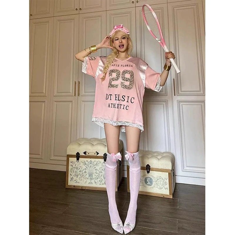 Retro V Neck Sports Jersey Leopard Print Short Sleeve Top