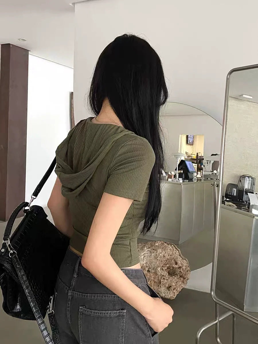 Vintage Green Punk Star Print V-Neck Hooded Y2K T-Shirt