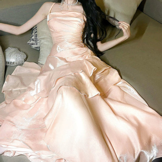 Pink Ruffle Spaghetti Strap Gown Dress