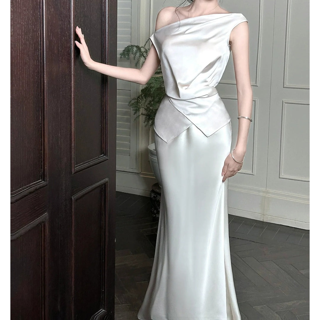 French One-Shoulder Satin Mesh Skirt Set Gown Dress