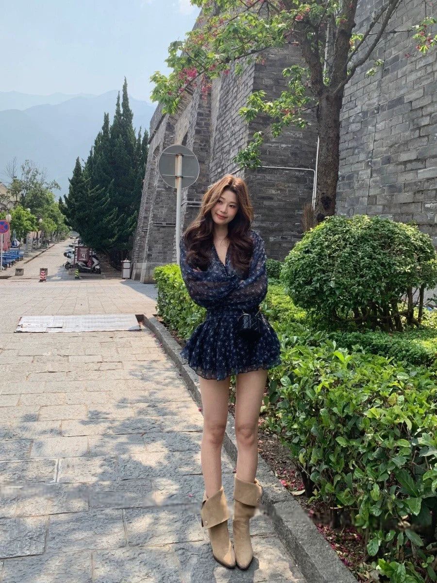 French Floral V-Neck Chiffon Long-Sleeve Waist-Cinched Mini Dress