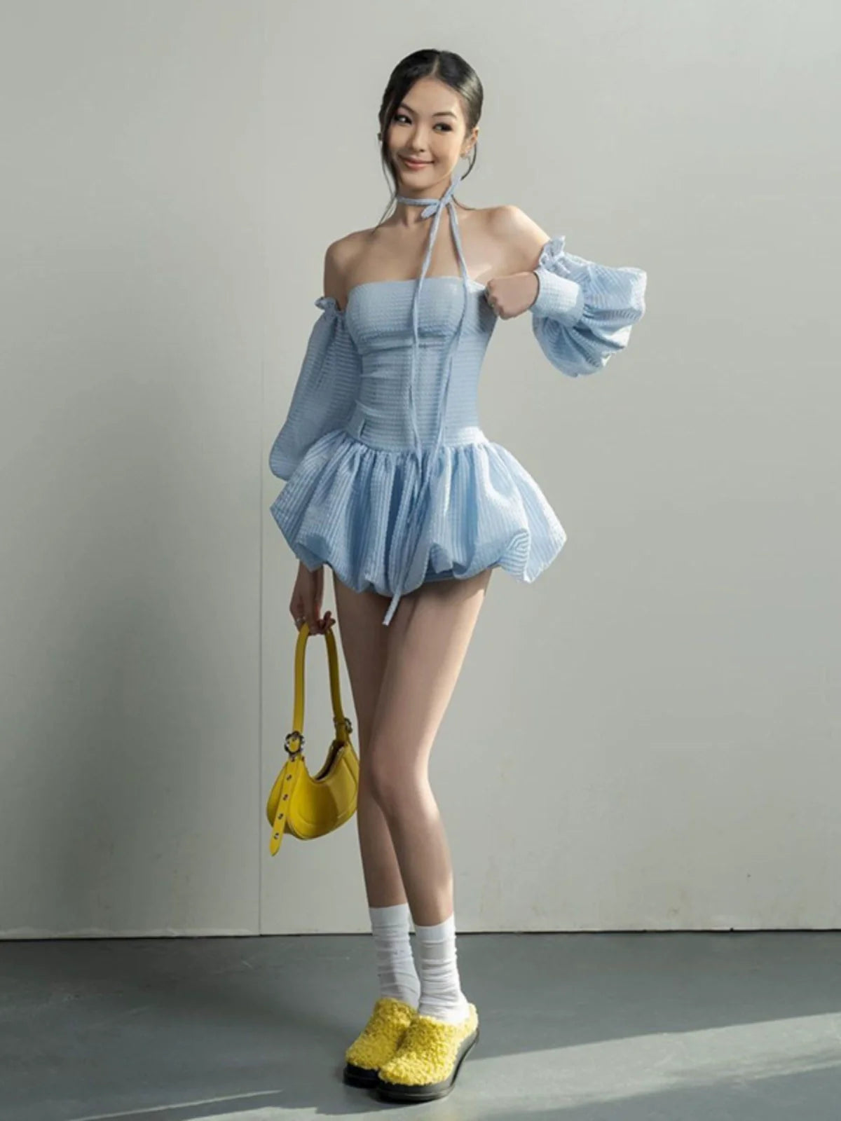 Soft Sexy Waist-Cinched Tube Top Dress With Arm Sleeves