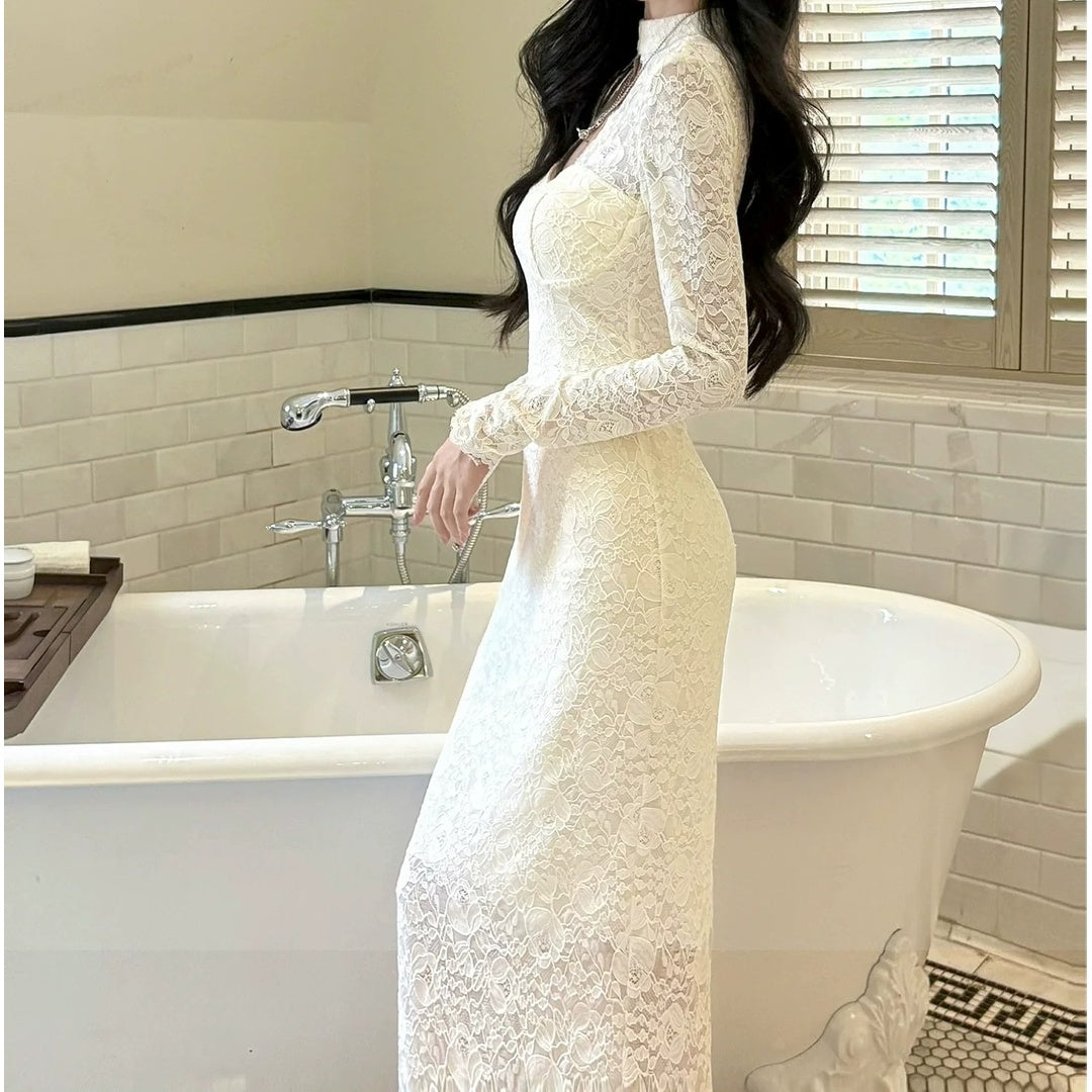 French Lace Cutout Long Sleeve Fall Gown Dress