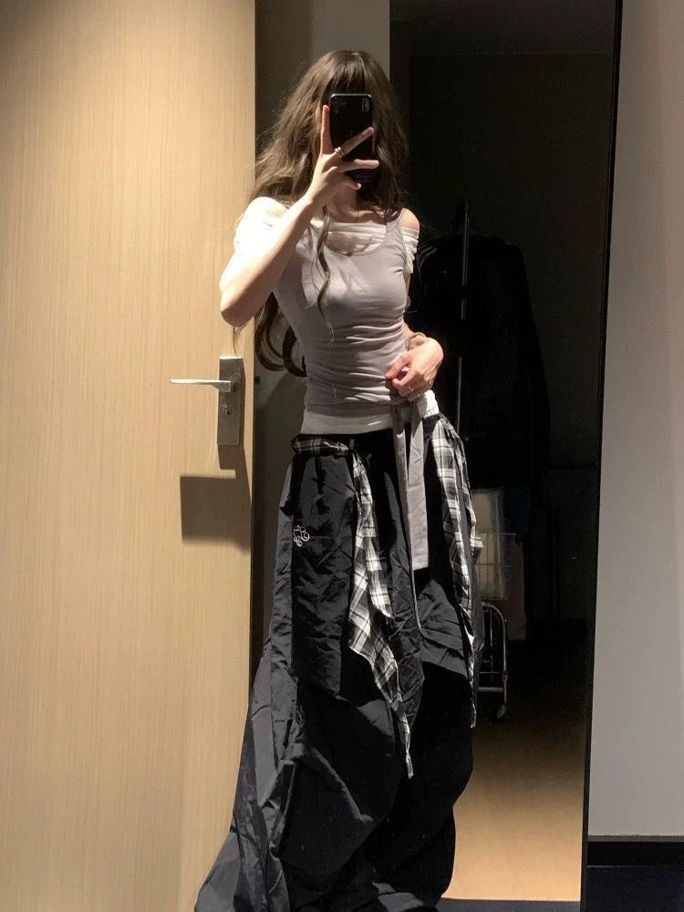 Gray White Fake Two-Piece Tie Detail Y2K T-Shirt