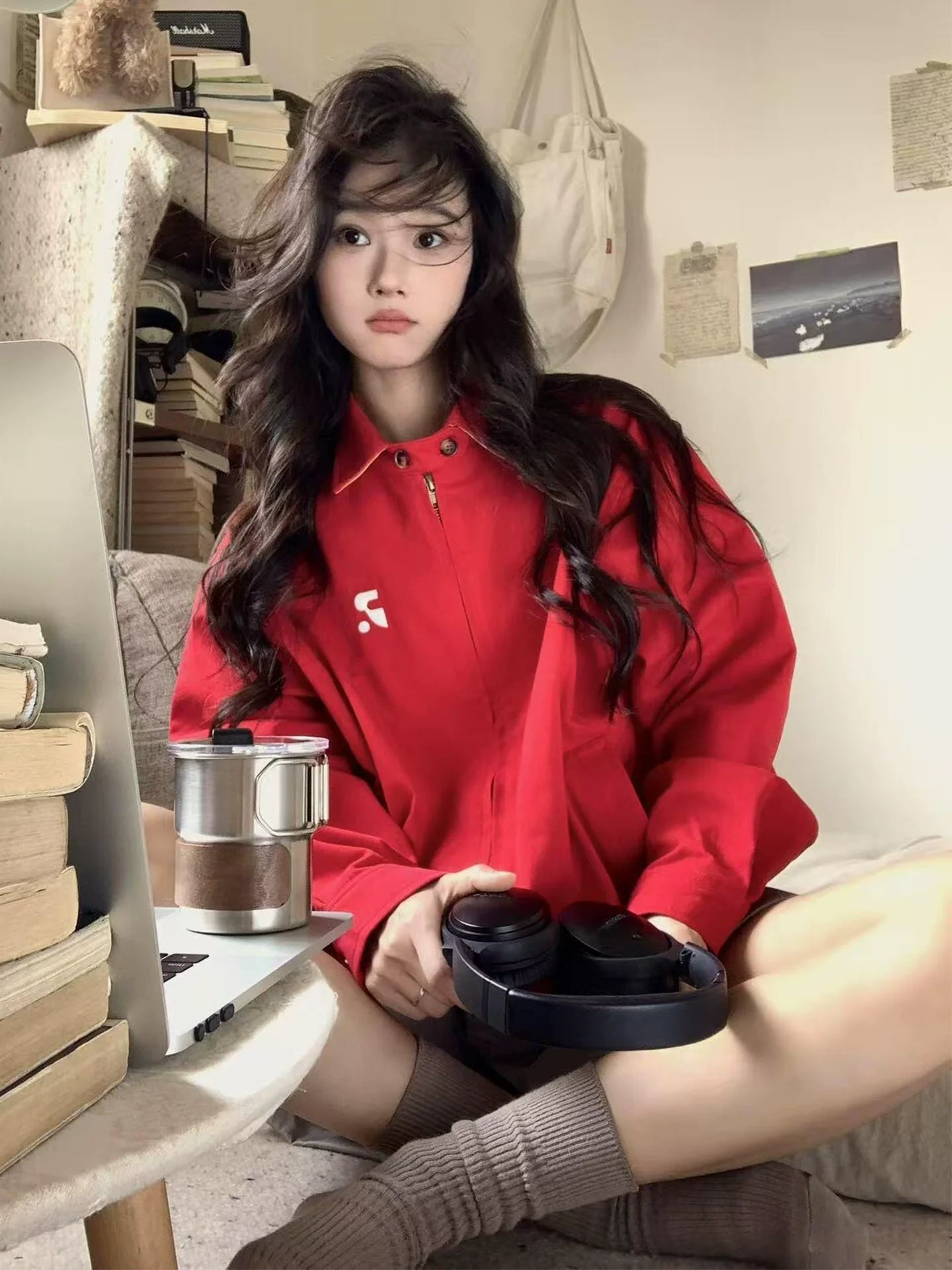 American Vintage Red Zip Jacket Lightweight Casual Outerwear