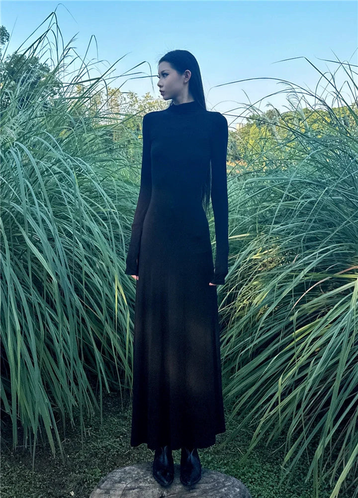 Black Mock-Neck Backless Bodycon Midi Dress for Fall